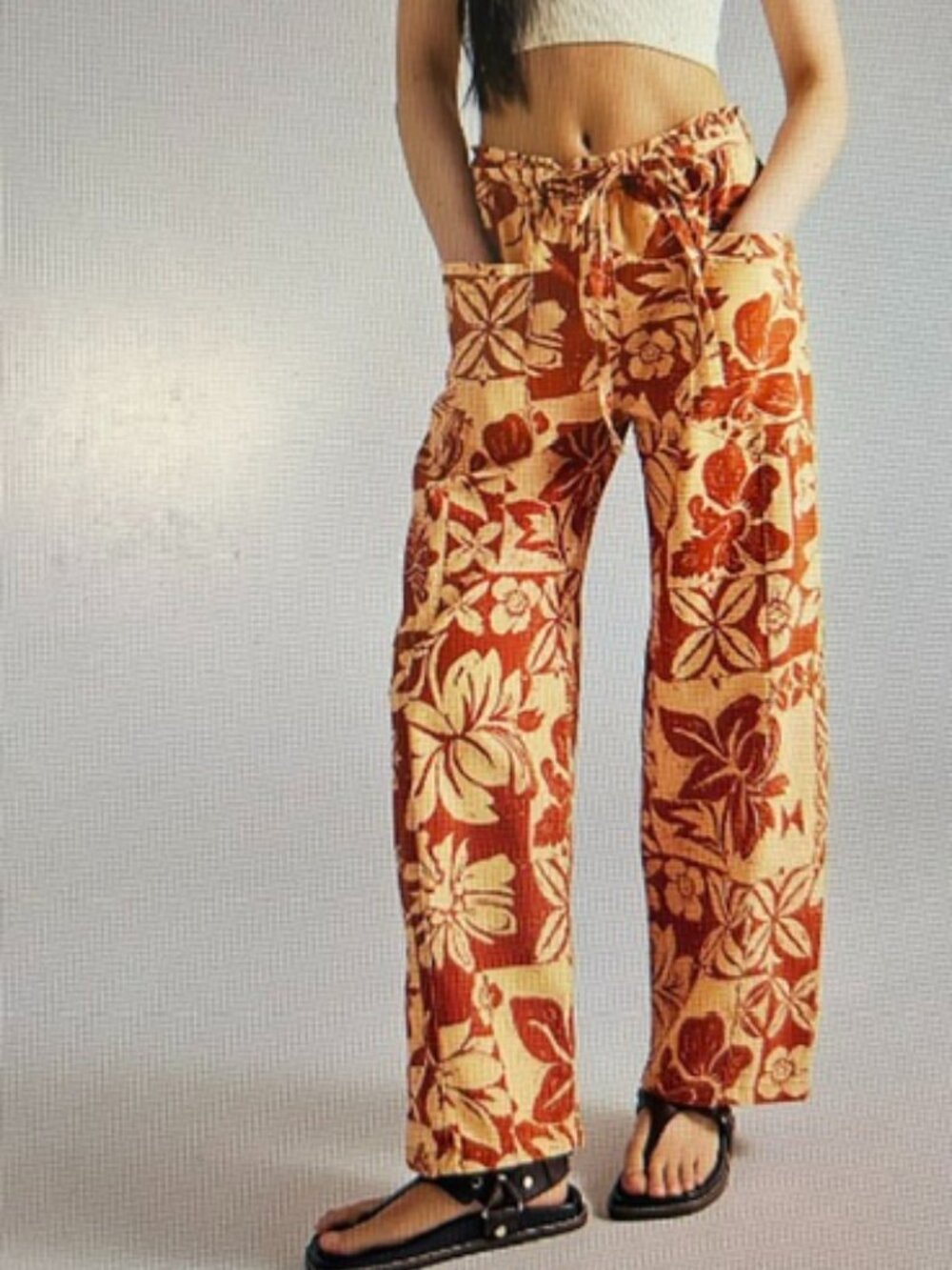 We The Free Mirage Tropical Floral Print Pull-On Tie Belt Wide Leg Denim Jeans